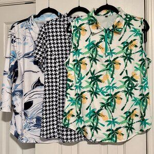 WOMEN'S GOLF SHIRTS, LOT OF 3, ONE EACH -- 3/4 SLEEVE, SHORT SLEEVE, SLEEVELESS